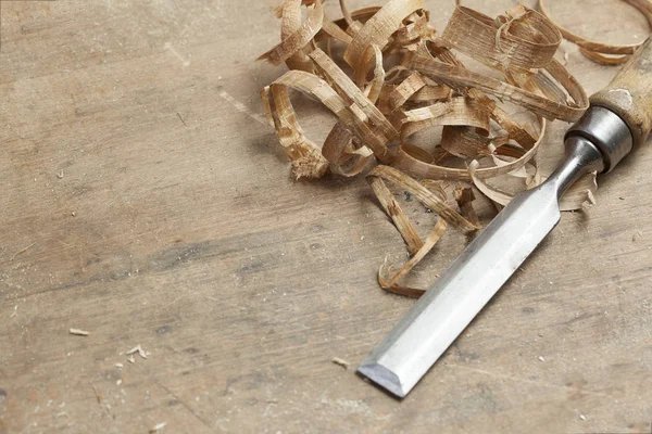 Chisel Sawdust Wooden Board Copy Space — Stock Photo, Image