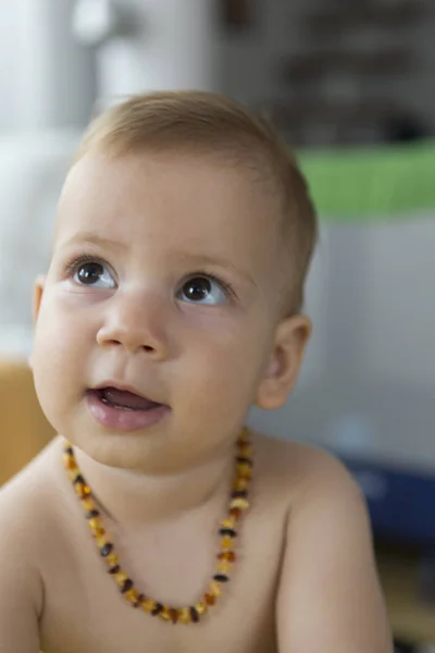 Baby Toddler Wearing Amber Teeth Pain Relief Neckless — Stock Photo, Image