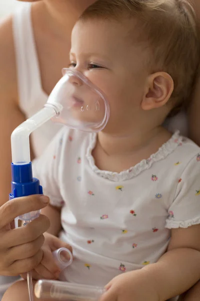 Baby Taking Respiratory Inhalation Therapy Mother Holding Mask Nebuliser — Stock Photo, Image