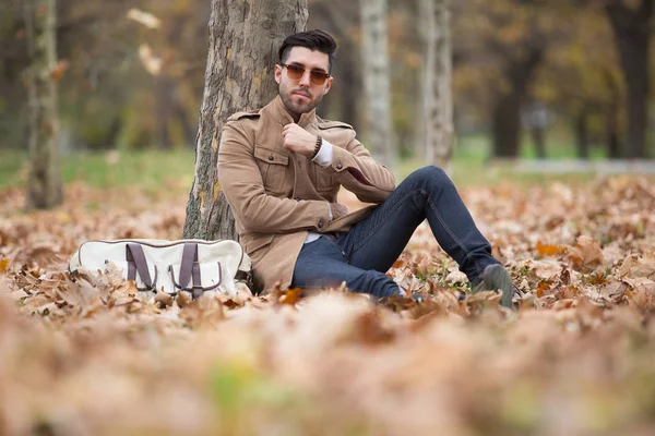 Young Adult Man Handsome Posing Wood Winter Autumn Day — Stock Photo, Image