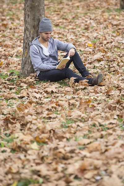 Muž Přírodě Autumn Leaves Copy Prostoru — Stock fotografie