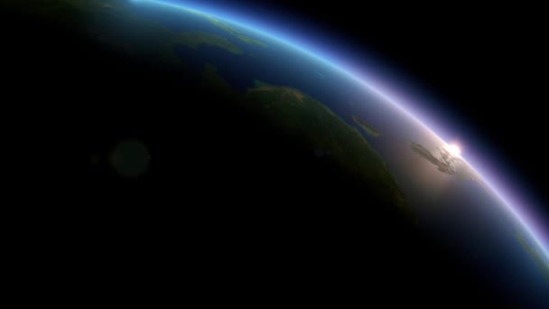 Bilgisayar Oluşturulan Gerçekçi Gündoğumu Uzaydan Dünya Gezegeni Üzerinde Cgi — Stok video