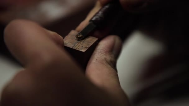 Craftsman Making Traditional Chinese Wooden Stamp Seal Closeup Detail His — Stock Video