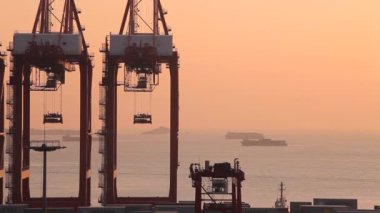 Gün batımında Shanghai kargo terminali, konteyner gemileri ve kaldırma vinç, (Yangshan dünyanın en yoğun konteyner liman biridir)