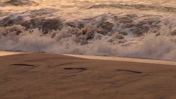 Playa Arena Atardecer Ondas Bajo Ángulo Estrellándose Orilla Paisaje Marino — Vídeos de Stock