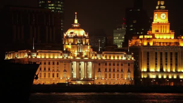 Shanghai Bund View Stadsgezicht Van Kust Nachts — Stockvideo