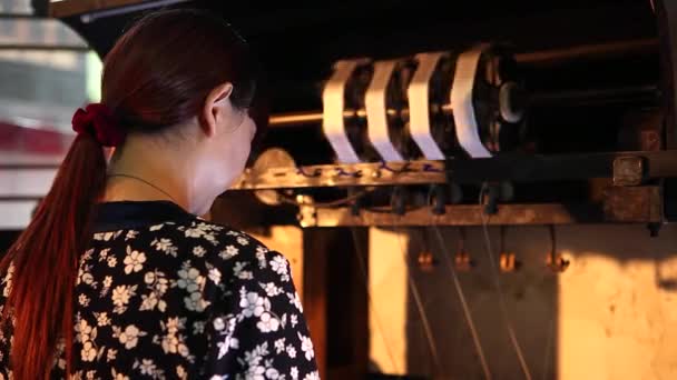 Παραγωγή Ακατέργαστου Μεταξιού Spinning Mill Λεπτομέρεια Closeup Από Ίνες Μεταξιού — Αρχείο Βίντεο