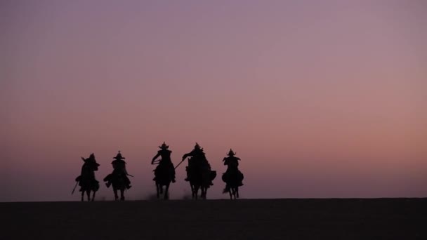 Horsemen Warriors Silhouetted Medieval Cavalry Attacks Enemy — Stock Video