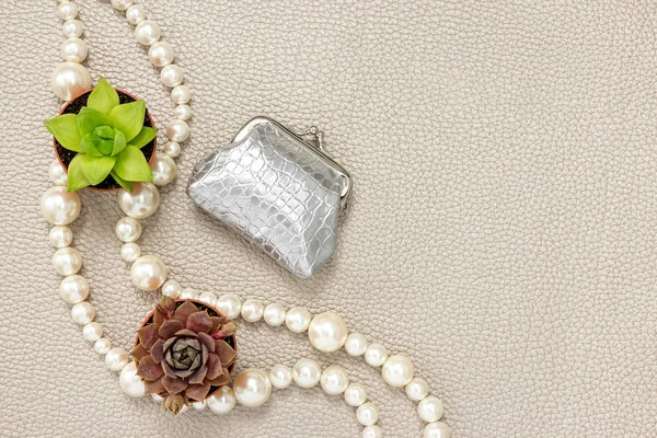 Silver Purse Pearl Necklace Succulent Plants Beauty Fashion Composition Copy — Stock Photo, Image