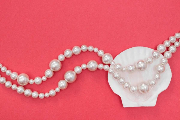 Collier Perles Coquillage Sur Fond Rose Vif Concept Mode — Photo