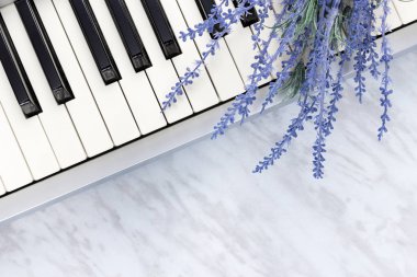 Doğa sesleri. Piyano tuşları, mermer zemin üzerine mavi lavanta çiçekleri.