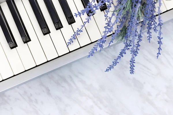 Sounds Nature Blue Lavender Flowers Piano Keys Marble Background — Stock Photo, Image