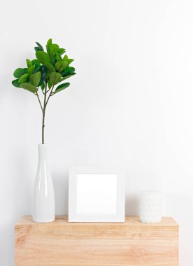 Beyaz resim çerçevesi ile şık ev dekorasyonu, ficus yaprakları bir Seramik vazolar ve mum.