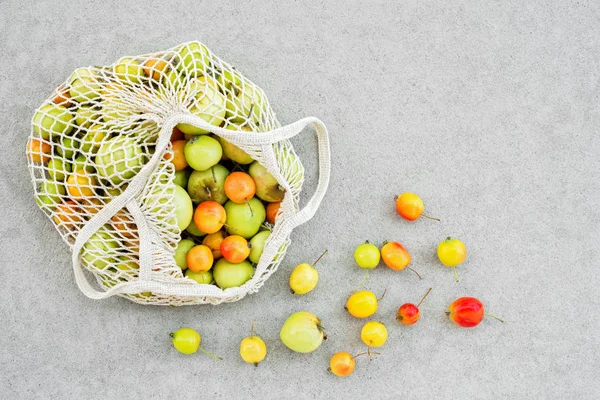 Mesh Tas Vol Met Kleurrijke Appels Uit Tuin Grijze Betonnen — Stockfoto