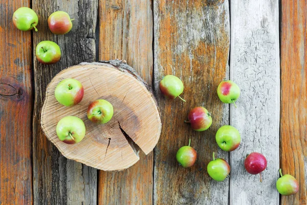 Apfelbaumstumpf Und Äpfel Auf Rustikalem Holz Hintergrund — Stockfoto