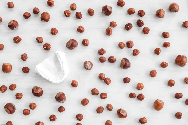 Tandheelkundige Tanden Schimmel Hazelnoten Verspreid Witte Houten Achtergrond Geschilderd Tandheelkundige — Stockfoto