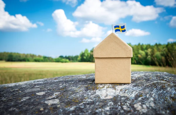 コケに覆われた岩の上のスウェーデンの国旗とダン ボールの家 北欧の夏の風景 — ストック写真