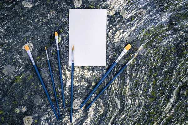 Lienzo Blanco Con Espacio Para Copiar Pinceles Sobre Fondo Roca — Foto de Stock