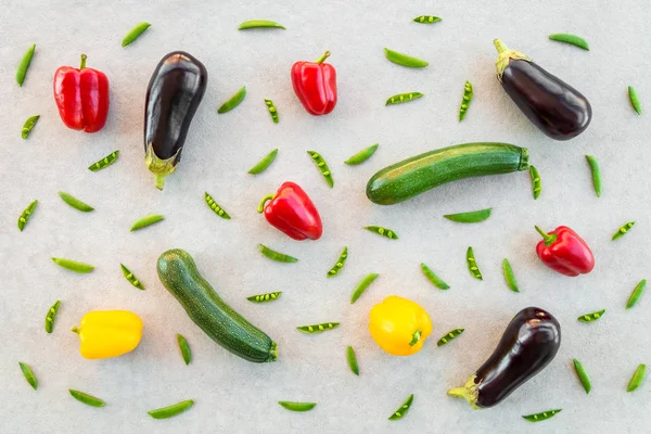 Colorful Summer Vegetables Concrete Background Red Yellow Peppers Zucchini Eggplants — Stock Photo, Image