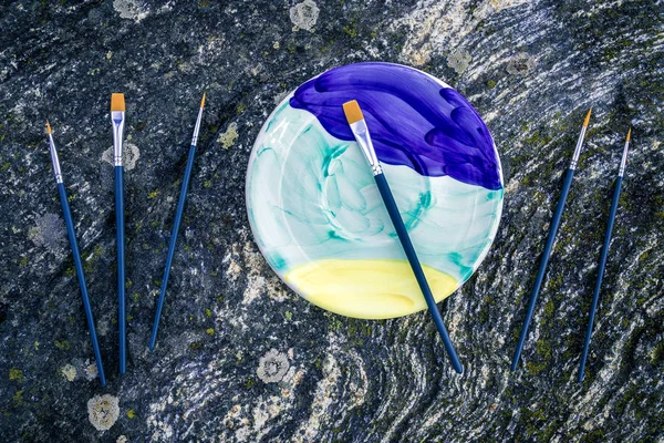 Boyalı Seramik Tabak Yosunlu Taş Zemin Üzerine Boya Fırçaları Skandinav — Stok fotoğraf