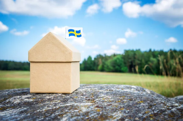 スウェーデンの国旗と小さなダン ボールの家 北欧の夏の風景 — ストック写真