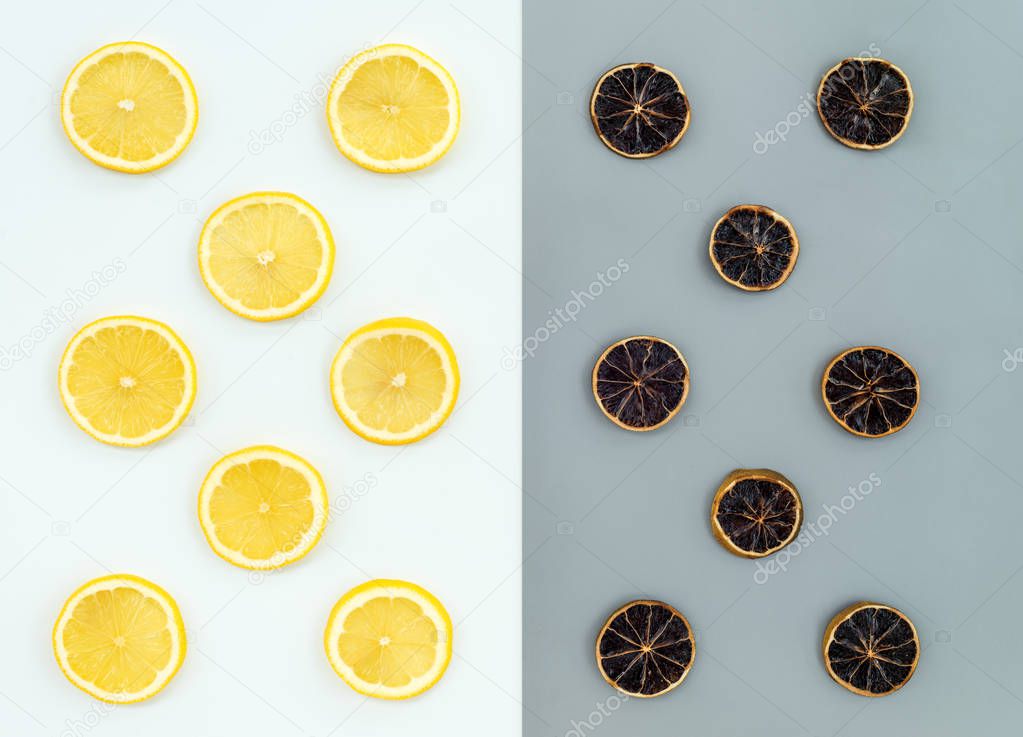Fresh and dried lemon slices on white and gray backgrounds.