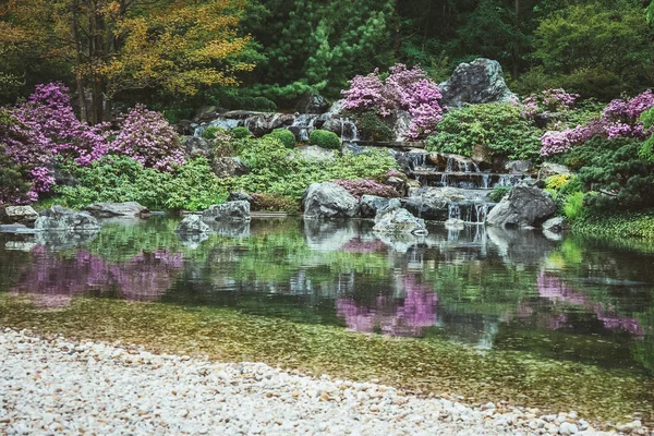 Estanque en un floreciente jardín japonés —  Fotos de Stock