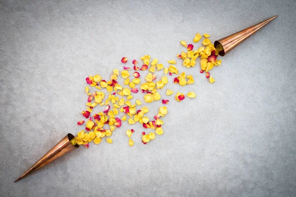 Coni di rame con petali di rosa sulla superficie di cemento — Foto Stock