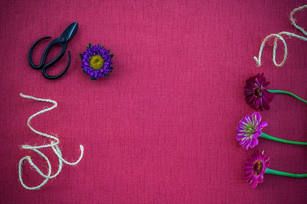 Florist workspace on magenta canvas background — Stock Photo, Image