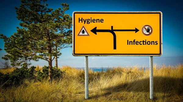 Sinal de rua para Higiene versus Infecções — Fotografia de Stock