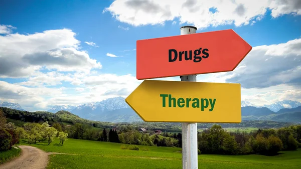 Straatnaambord aan therapie versus drugs — Stockfoto