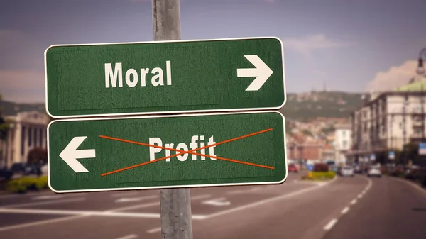 Señal de calle a Moral versus Beneficio — Foto de Stock