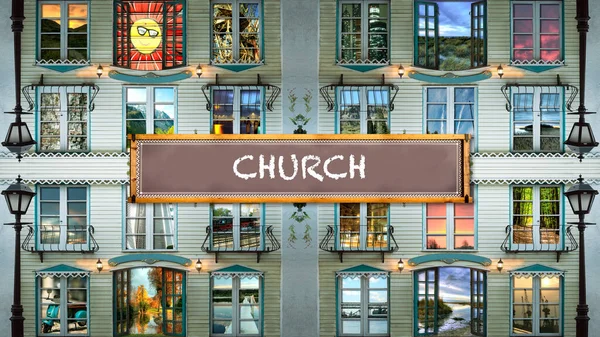 Straßenschild Weist Den Weg Zur Kirche — Stockfoto