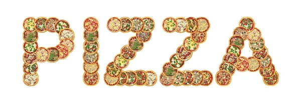 Szavak Pizza Különböző Típusú Pizza Pizza Különböző Feltétekkel — Stock Fotó