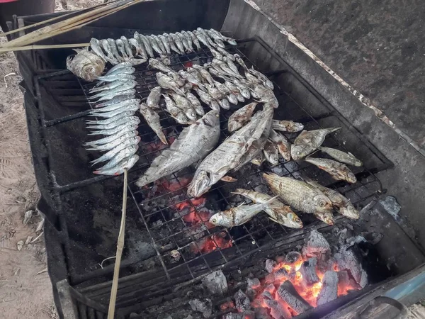 Pescado Parrilla Estufa Carbón —  Fotos de Stock