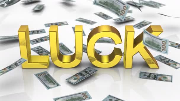 Money Falling Word Luck White Background Alpha Matte Created Animation — Stock Video