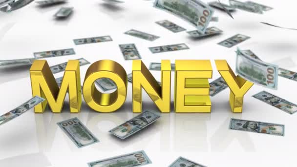 Geld Vallen Buurt Van Het Woord Money Witte Achtergrond Alpha — Stockvideo