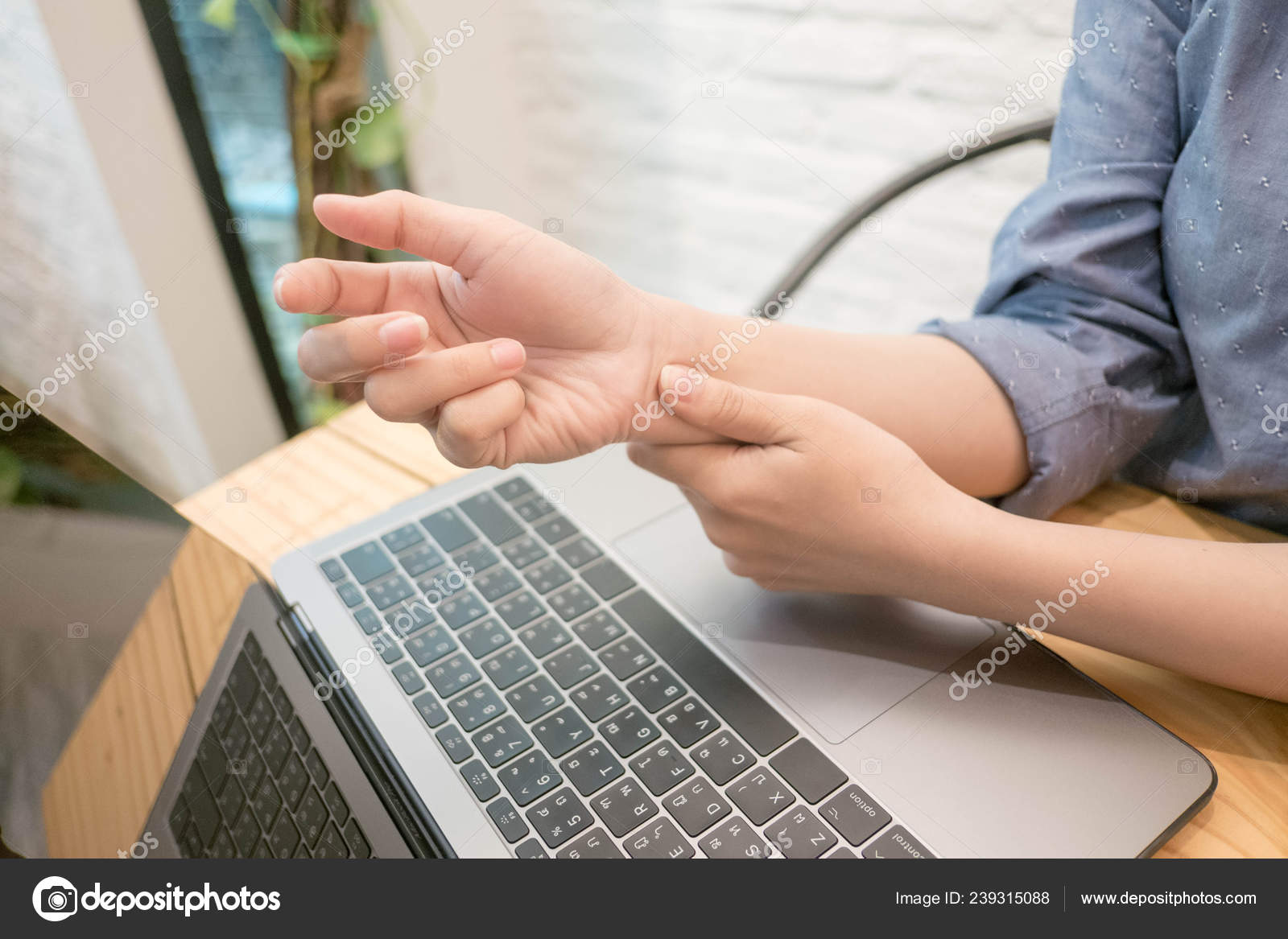 Close Employee Woman Massage His Hand Arm Relief Pain Hard Stock Photo