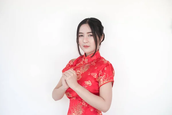 Chinese New Year Asian Women Traditional Chinese Cheongsam Dresses Greetings — Stock Photo, Image