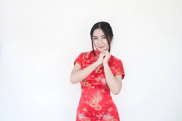 Las Mujeres Asiáticas Los Vestidos Tradicionales Chinos Cheongsam Con Saludos — Foto de Stock