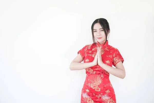 Ázsiai Nők Hagyományos Kínai Cheongsam Ruhák Emelés Kezek Tiszteletben Thai — Stock Fotó