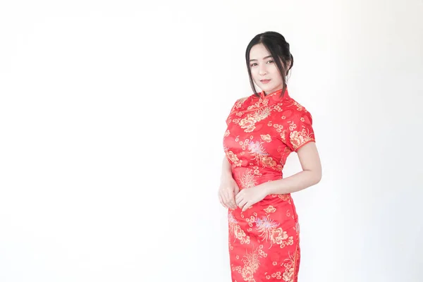 Kínai Year Asian Nők Hagyományos Kínai Cheongsam Egy Gesztus Gratulálok — Stock Fotó