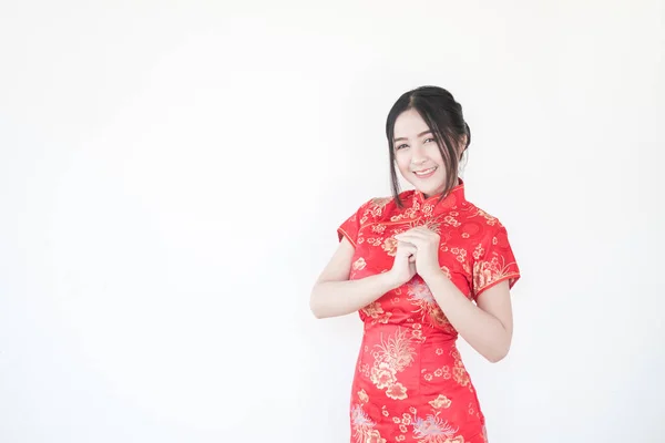 Geleneksel Çince Cheongsam Çin Yeni Year Asian Kadınlarda Selam Ile — Stok fotoğraf