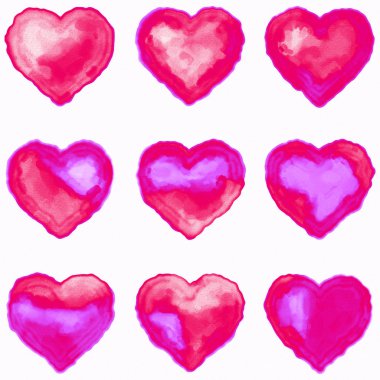 Dokuz renkli kalpler kümesi. Beyaz kağıt üzerine dijital suluboya. Kırmızı, pembe ve mor. Tasarımcılar için grafik kaynak.