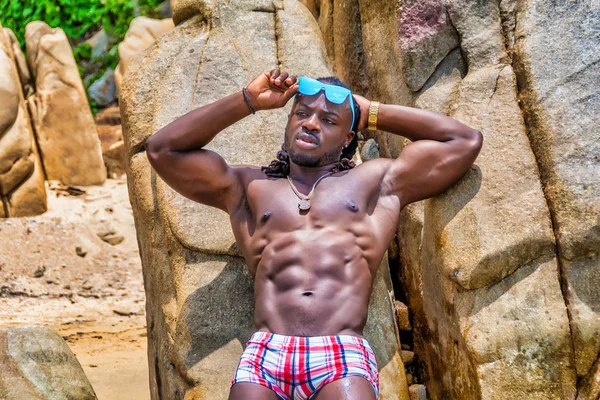 Young Handsome Muscular Shirtless African American Man Leaning Rock Yelapa — Stock Photo, Image