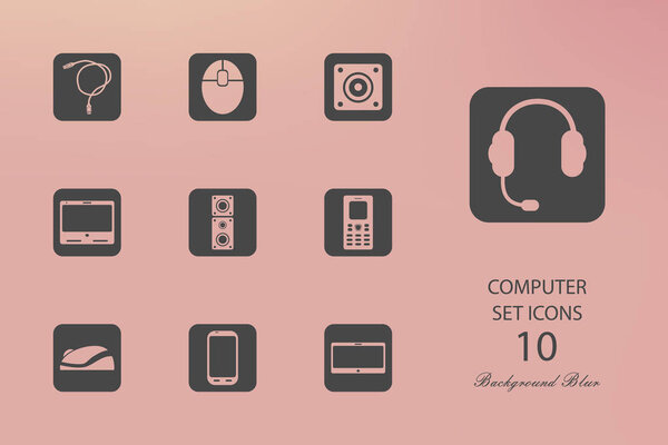 Компьютер. Набор плоских иконок на размытом фоне. Векторная иллюстрация
