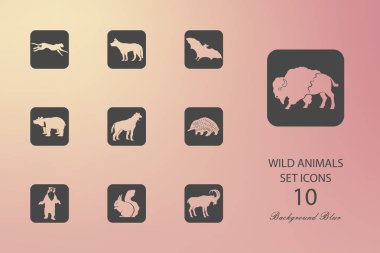 Vahşi hayvanlar. Düz arka plan bulanık simgeler kümesi. Vektör çizim