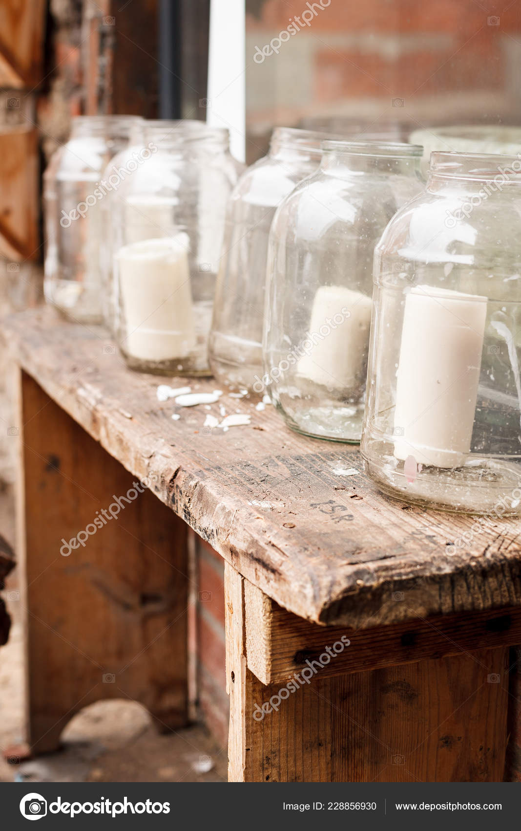 White Big Candles Glass Jars Retro Wooden Table Outdoors Simple