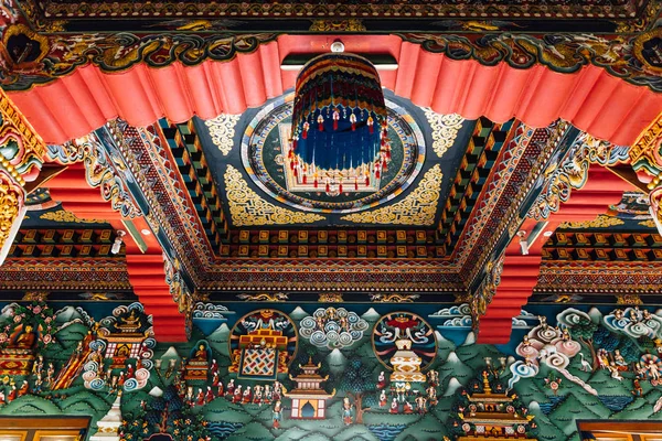 Díszített Mennyezet Amely Elmesélni Buddha Történetet Bhután Művészet Belsejében Királyi — Stock Fotó