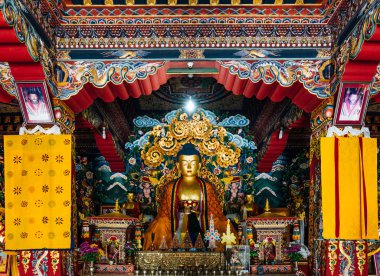 Bodh Gaya, Bihar, India Bhutan sanat dekore edilmiş Kraliyet Bhutan Manastırı içinde Bhutanda tarzında Lord Buddha heykeli.